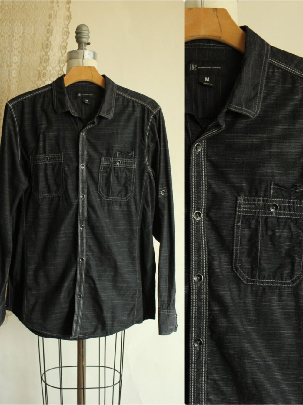 INC Men's shirt, Button down, size M, black and gray pinstripes